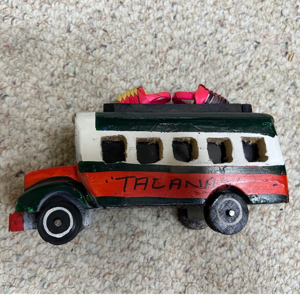 Vintage Guatemala Wooden Chicken Bus Folk Art Hand Painted Tacana Souvenir